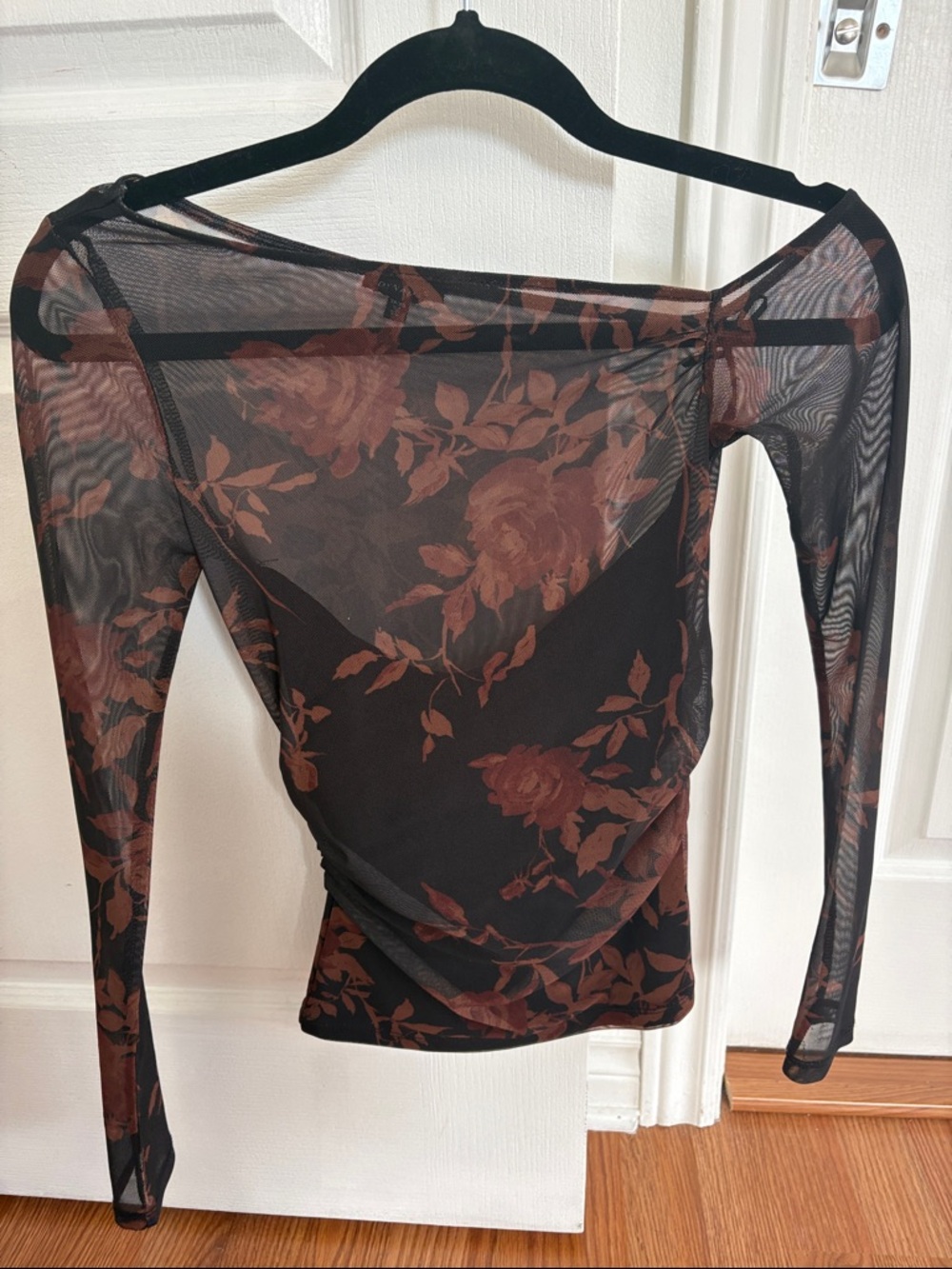 Sheer Floral Long-Sleeve Top - Black with Brown Rose Print